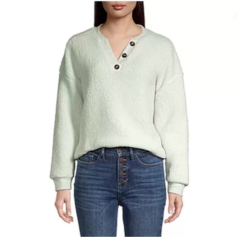 a.n.a. A New Approach Faux Sherpa Henley Pullover Sweatshirt Mint Green Small‎